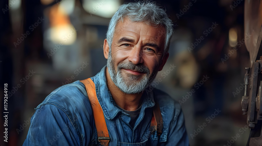 Portrait of a Senior Factory Worker Smiling Confidently in a Workshop Environment Portrait of a Senior Factory Worker Smiling Confidently in a Workshop Environment
