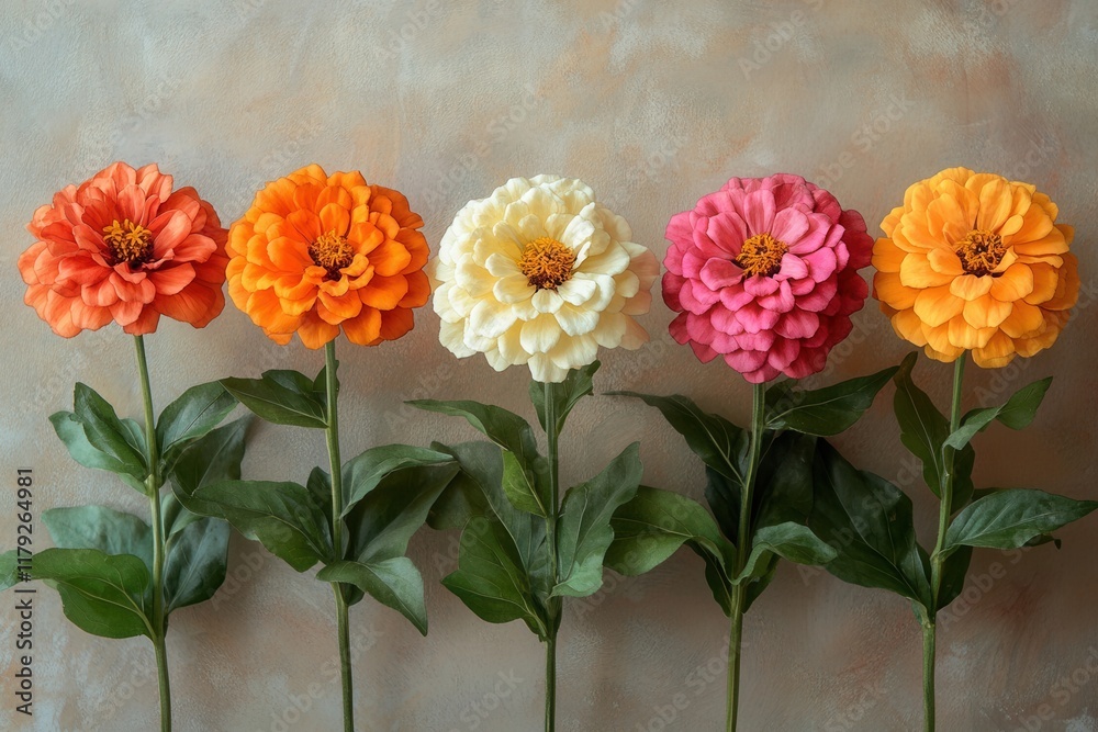 A vibrant arrangement of artificial flowers in various colors against a textured background. A vibrant arrangement of artificial flowers in various colors against a textured background.