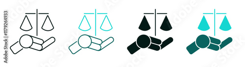 AI Bias icon for web and mobile. Robot hand holding a scale. Technology, Artificial Intelligence, compliance, ethical standards, best practices and Bias mitigation concept. Editable vector stroke.