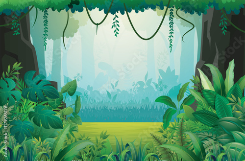 Green forest background with various kinds of plants