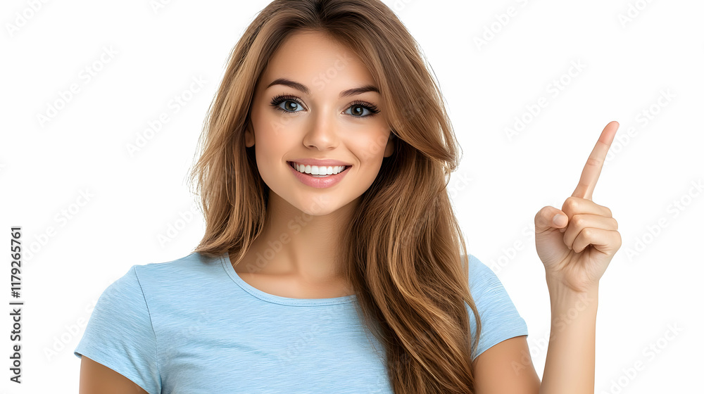 Smiling Woman Points Upward, Sharing Information Enthusiastically and Confidently on White Background. Smiling Woman Points Upward, Sharing Information Enthusiastically and Confidently on White Background.
