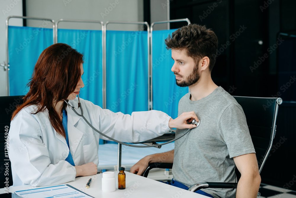 Obraz premium Doctor with stethoscope examining patient.