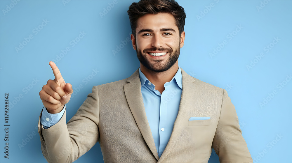 Smiling Man Points Upward, Indicating Something Important Against a Blue Backdrop Smiling Man Points Upward, Indicating Something Important Against a Blue Backdrop