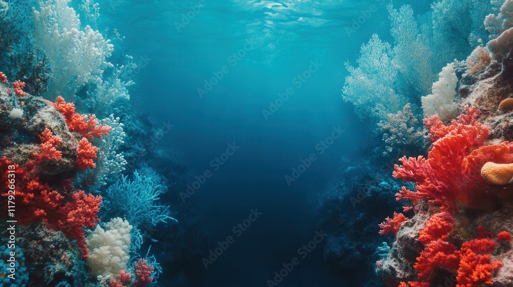 Naklejka premium Vibrant underwater coral reef with colorful marine life in clear blue ocean.