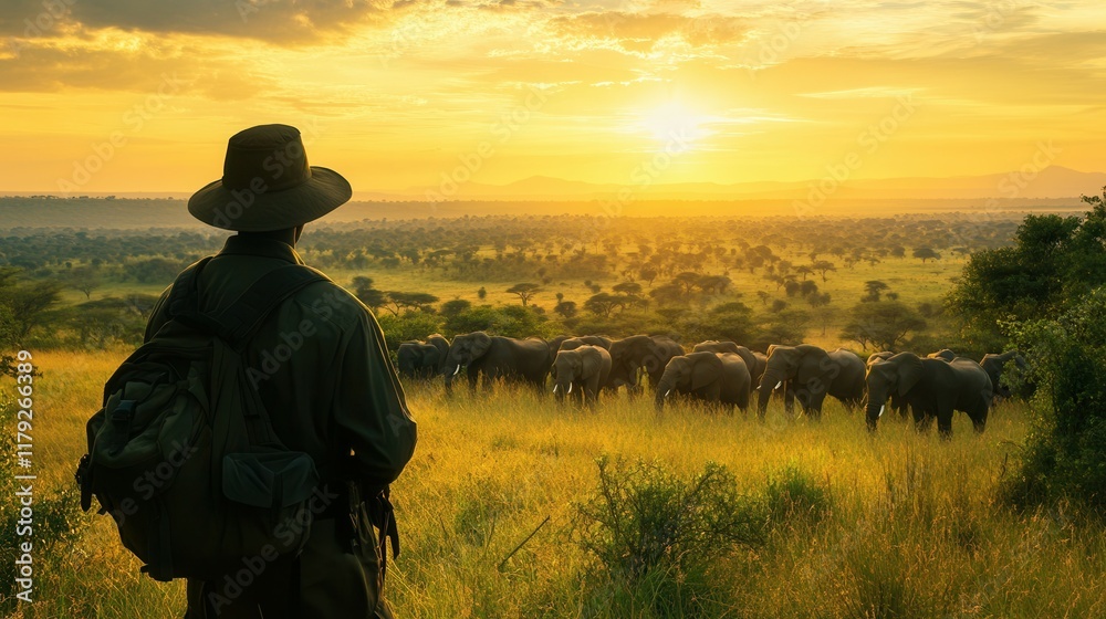 African safari journey: man observing elephant herd at sunrise.