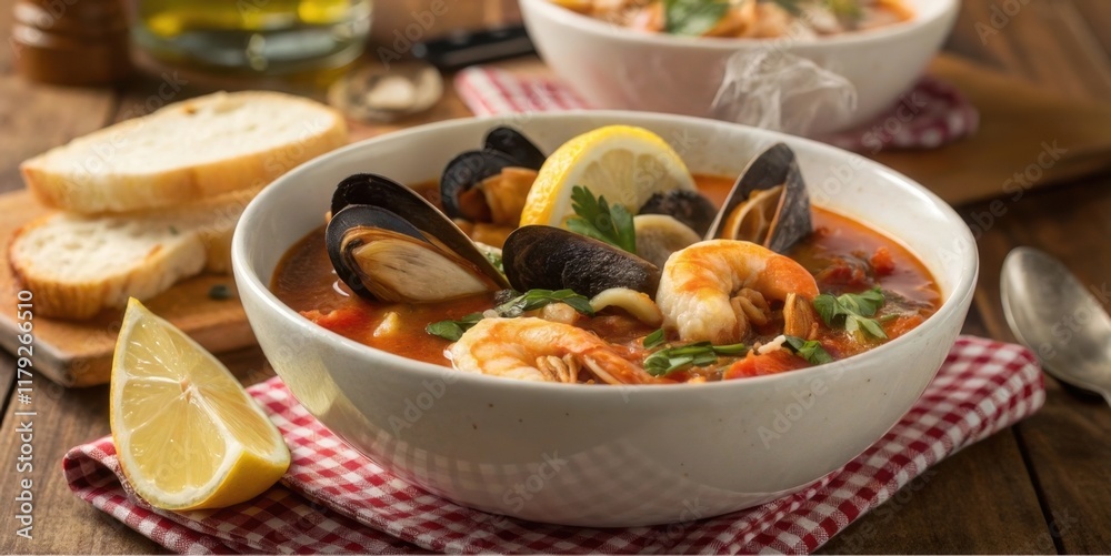 A vibrant seafood soup garnished with lemon and fresh herbs, served in a bowl, accompanied by crusty bread on a wooden table. A vibrant seafood soup garnished with lemon and fresh herbs, served in a bowl, accompanied by crusty bread on a wooden table.