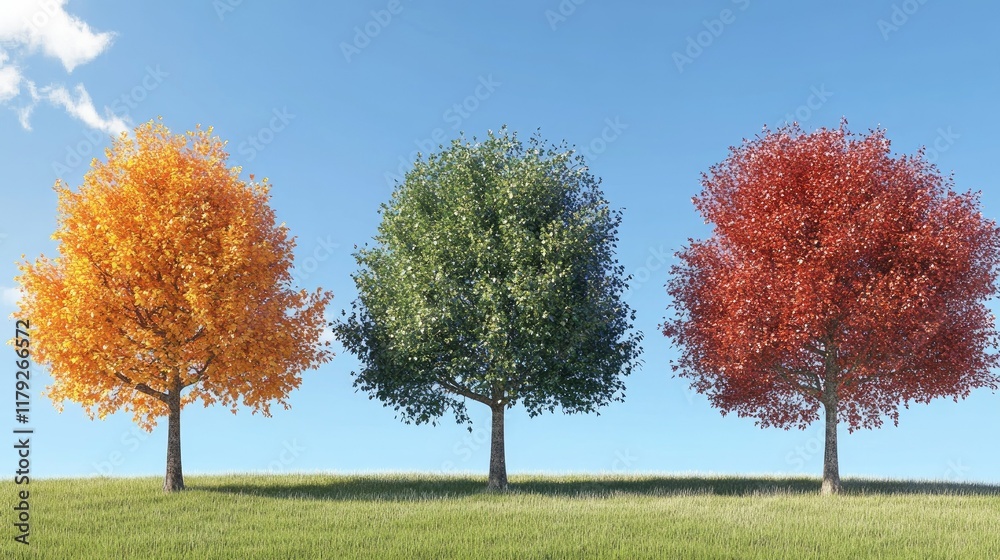 Seasonal change: oak trees representing winter, spring, summer, and autumn, showcasing unique foliage colors. Seasonal change: oak trees representing winter, spring, summer, and autumn, showcasing unique foliage colors.
