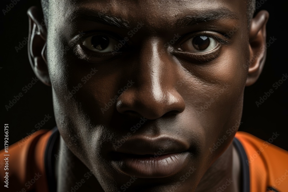 Dramatic portrait of a focused athlete with intense expression, highlighting strength and determination Dramatic portrait of a focused athlete with intense expression, highlighting strength and determination