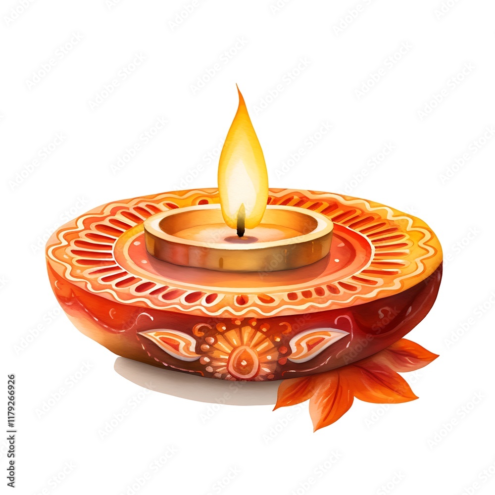 Diwali lamp burning with golden leaves decoration, celebrating the festival of lights