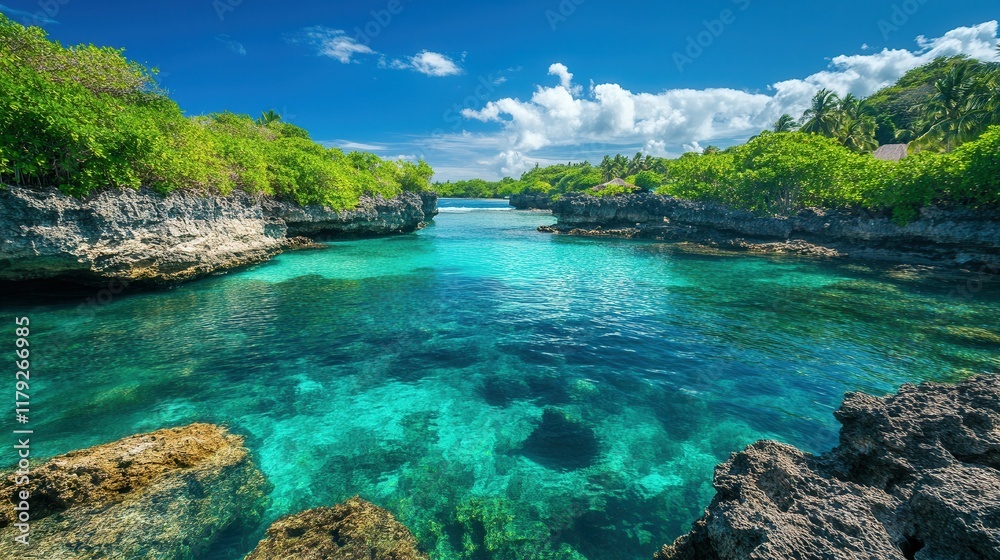 Fototapeta premium Stunning tropical lagoon with clear turquoise water and lush greenery.