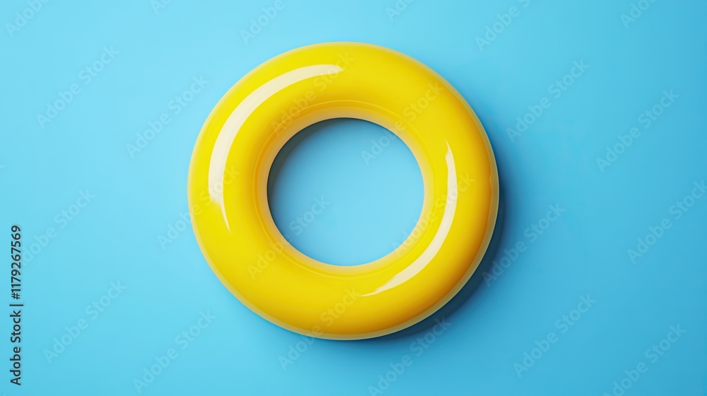 Top view: Yellow pool ring in blue water, summer concept. Top view: Yellow pool ring in blue water, summer concept.