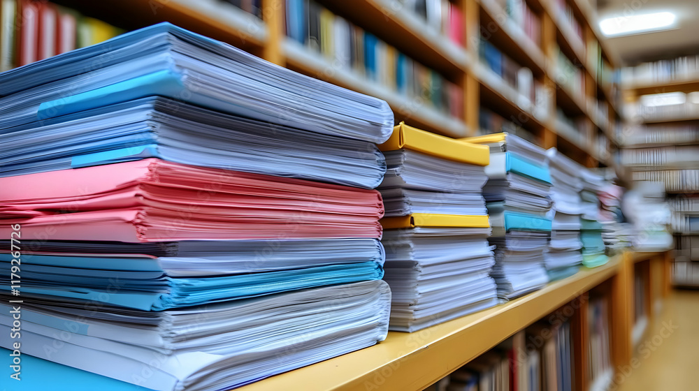 Obraz premium Stacks of Paperwork Fill Shelves in a Library, Ready for Filing and Organization.