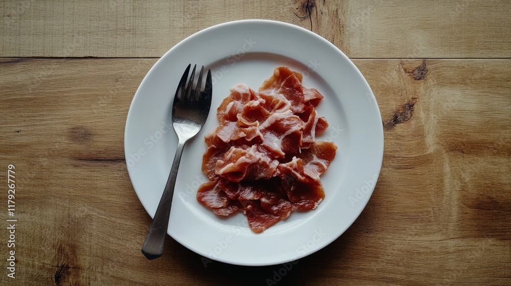 Sliced processed meat on white ceramic plate, natural pine wood table surface, stainless steel spoon, home kitchen setting, macro food photography, soft lighting, detailed texture Sliced processed meat on white ceramic plate, natural pine wood table surface, stainless steel spoon, home kitchen setting, macro food photography, soft lighting, detailed texture