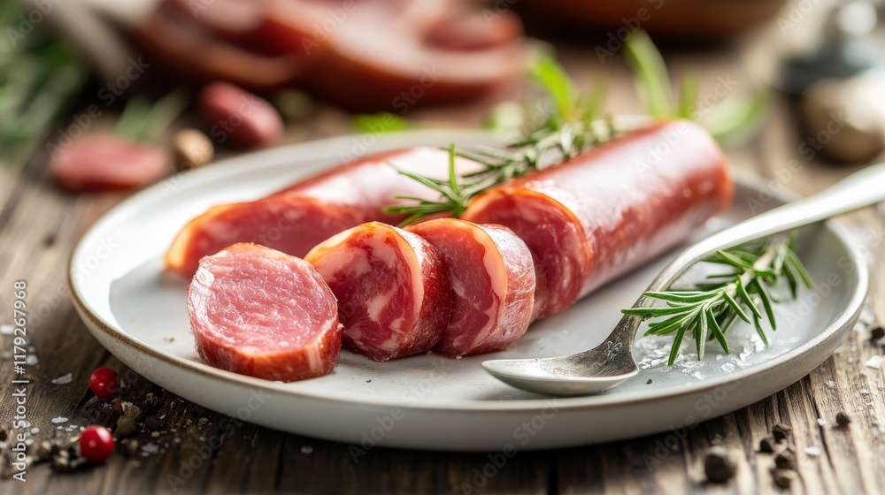 Cylindrical meat cuts on round white plate, rustic wooden table texture, silver dining spoon, authentic food styling, ambient lighting, close-up photography Cylindrical meat cuts on round white plate, rustic wooden table texture, silver dining spoon, authentic food styling, ambient lighting, close-up photography