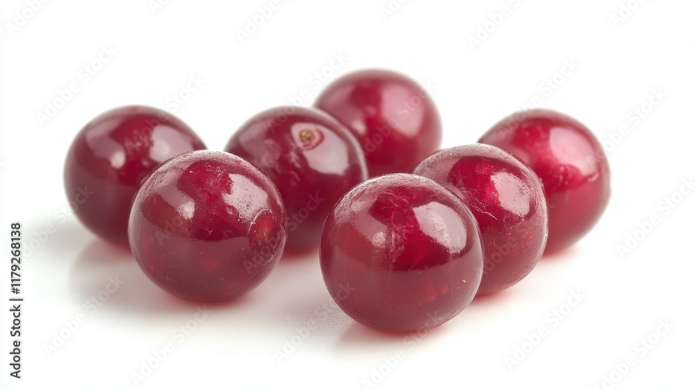 Close-up of several glossy, vibrant red cherries on a white background. Close-up of several glossy, vibrant red cherries on a white background.