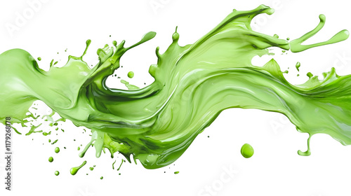 A dynamic splash of green paint with swirling patterns isolated on a transparent background, PNG