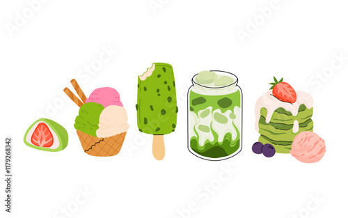 Matcha tea, latte, iced matcha. Vector set with japanese matcha desserts. Collection with mochi, cake and roll cake, pancakes, macaron, soft serve ice cream, matcha tart and cupcake with strawberry.