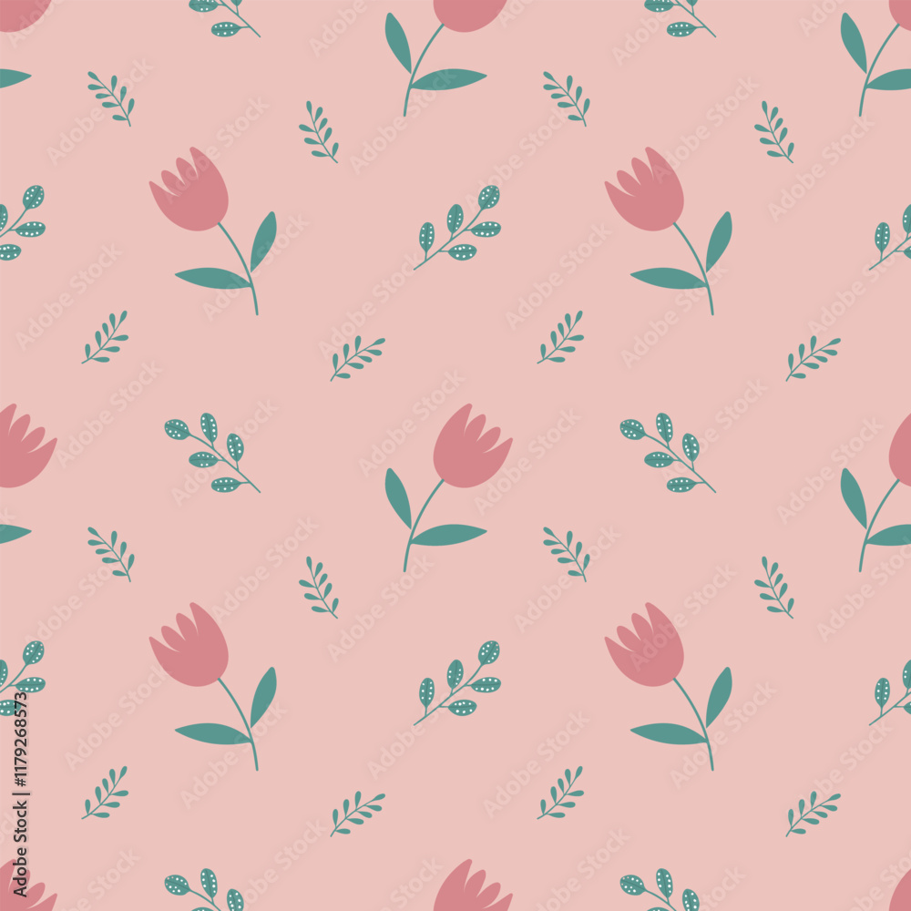 Fototapeta premium Seamless spring pattern with tulips and green twigs on a pink background