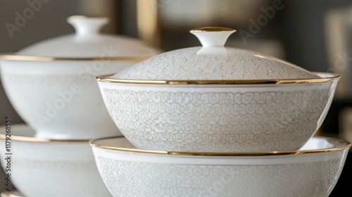 Fine bone china serving dishes, intricate oriental patterns, stacked white porcelain bowls with lids, metallic gold rim details, shallow depth of field, luxury tableware photography, high-end