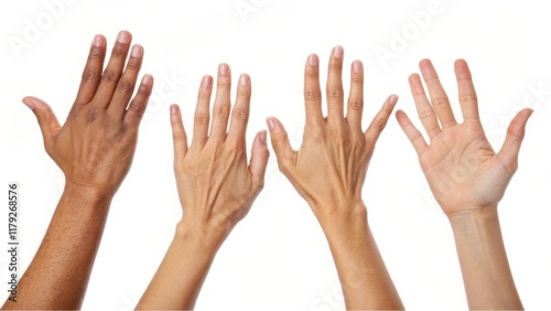 Four diverse hands showcase varying skin tones, symbolizing unity and diversity in human experiences.