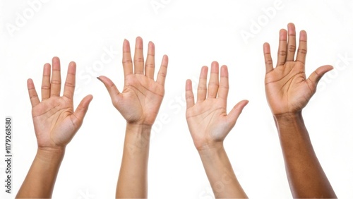 A series of diverse hands raised, showcasing different skin tones and gestures, symbolizing unity and inclusion.