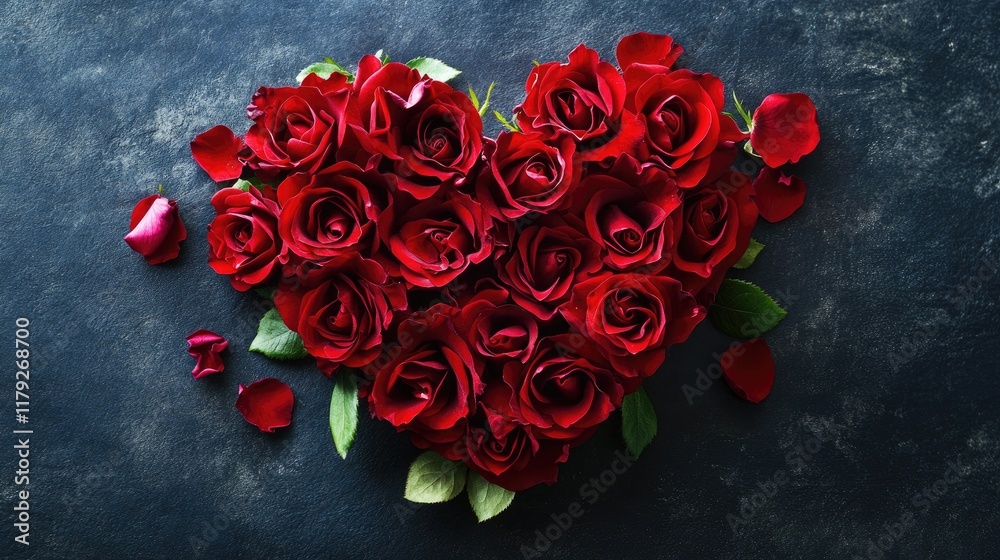 Vibrant red roses forming a heart, offset on a dark black background, with petals spread in random motion. Vibrant red roses forming a heart, offset on a dark black background, with petals spread in random motion.