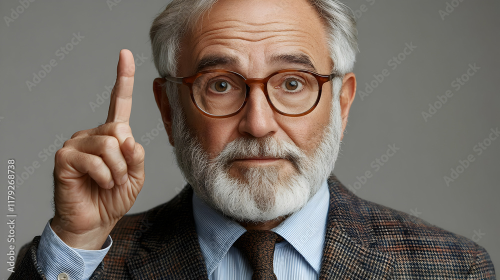 Senior Man Raises Index Finger in a Gesture of Making a Point or Having an Idea Senior Man Raises Index Finger in a Gesture of Making a Point or Having an Idea