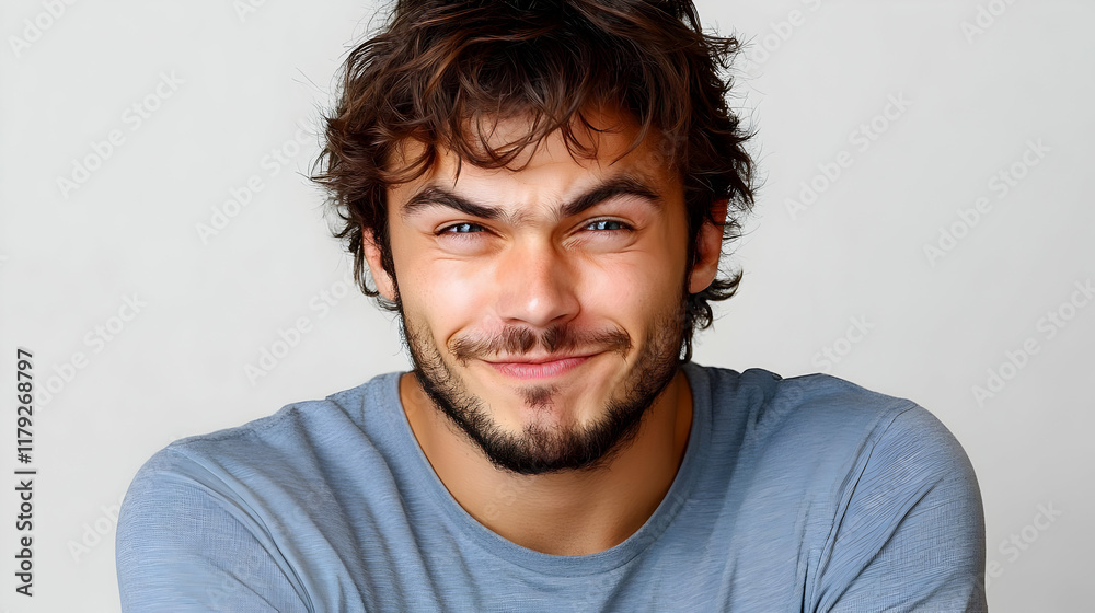 Portrait of a Young Man with a Mischievous Grin and Expressive Eyes on a Subtle Background Portrait of a Young Man with a Mischievous Grin and Expressive Eyes on a Subtle Background