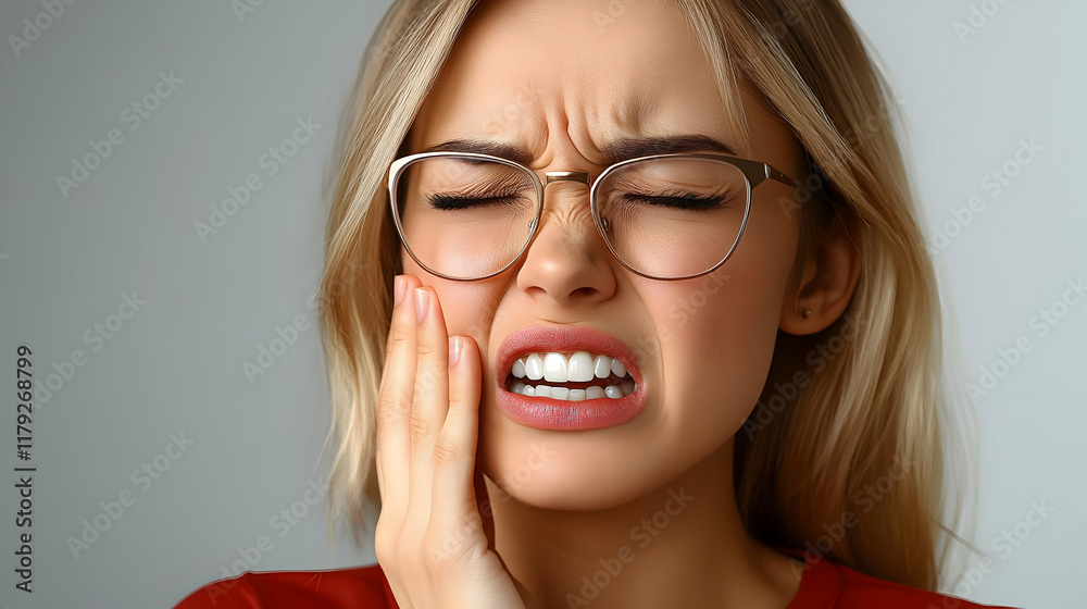 Woman Experiences Severe Toothache, Holds Cheek in Pain Against a Neutral Background Woman Experiences Severe Toothache, Holds Cheek in Pain Against a Neutral Background