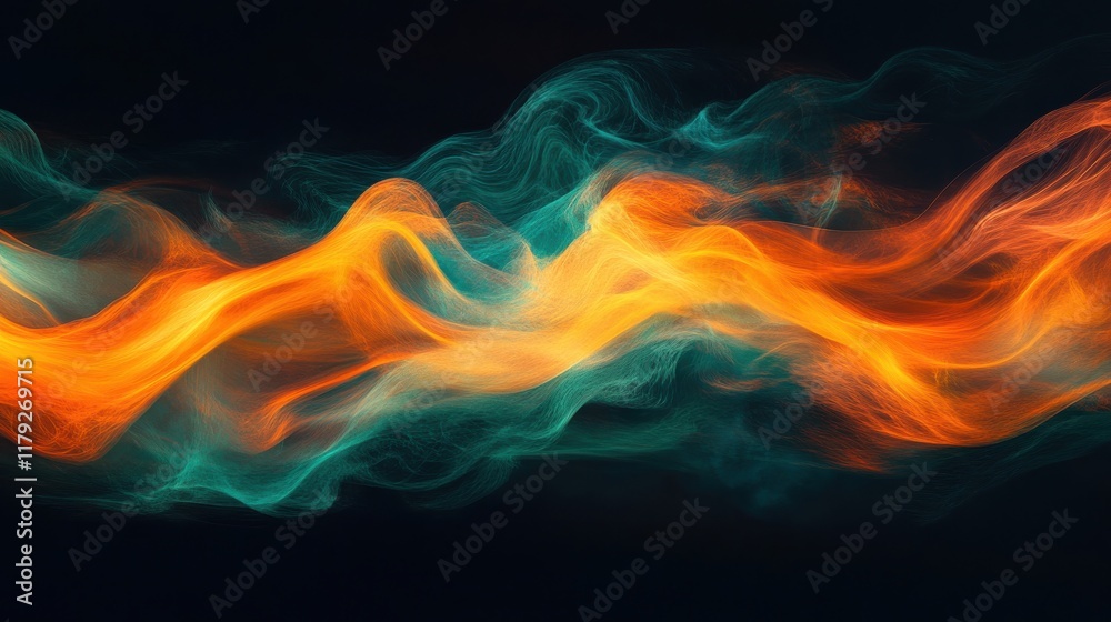 Fototapeta premium Ethereal orange and teal wave on black surface with grainy effect