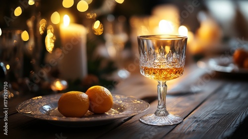 Fototapeta Naklejka Na Ścianę i Meble -  Luxury dining experience, dusk lighting, crystal wine goblet with amber liquid, fresh oranges on plate, dark wooden table, candlelit evening, high-end gastronomy