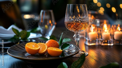 Fototapeta Naklejka Na Ścianę i Meble -  Luxury dining experience, dusk lighting, crystal wine goblet with amber liquid, fresh oranges on plate, dark wooden table, candlelit evening, high-end gastronomy