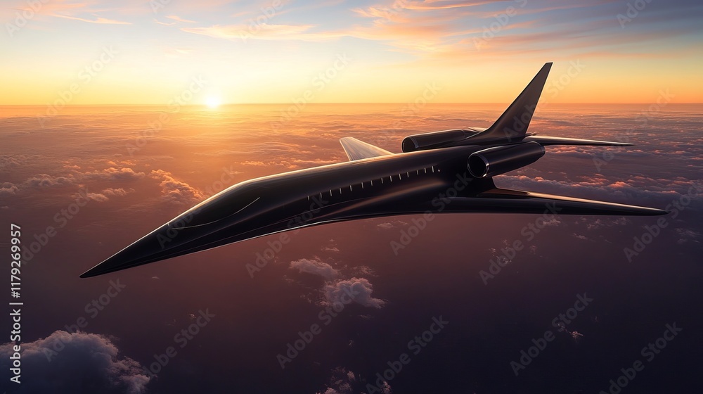 The image shows a sleek, dark-colored private jet in flight at sunset. The jet is positioned slightly angled, showcasing its design details. The sun is setting behind the jet, casting a warm, orange The image shows a sleek, dark-colored private jet in flight at sunset. The jet is positioned slightly angled, showcasing its design details. The sun is setting behind the jet, casting a warm, orange