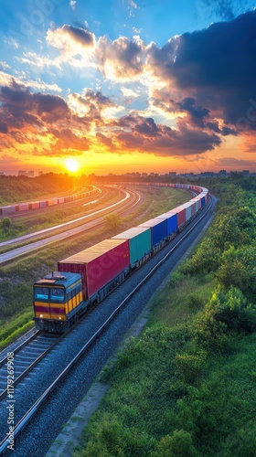 A freight train loaded with colorful containers, crossing a scenic industrial landscape under a dramatic sunset.