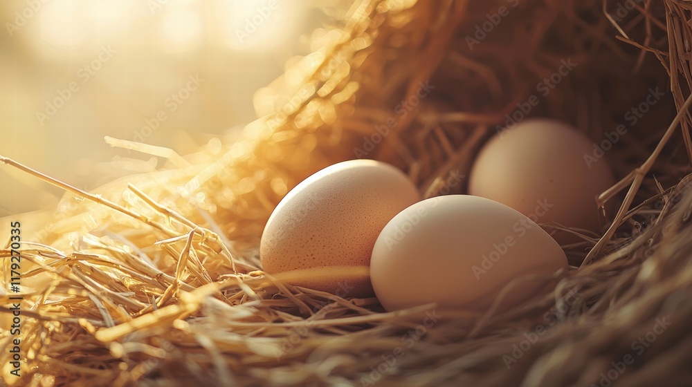 Fresh eggs in straw minimalist flat lay with natural light Fresh eggs in straw minimalist flat lay with natural light