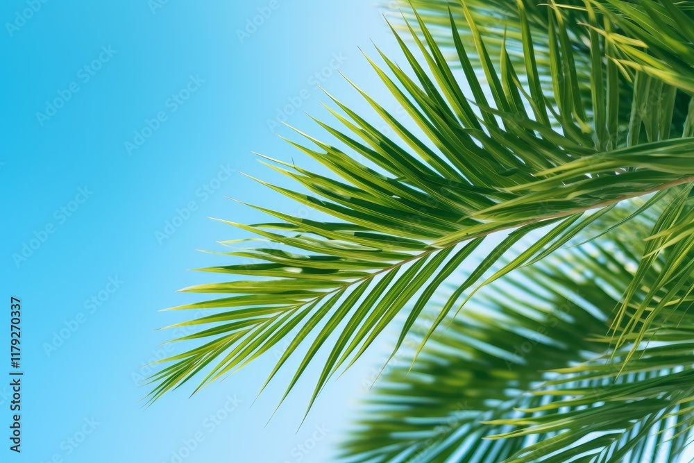 Naklejka premium Lush green palm leaves create a tropical feel against a clear blue sky, evoking a sense of summer vacation