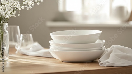 Wallpaper Mural Essential white dinnerware collection, modern kitchen ceramics, simple curved bowls, stacked dinner plates, wooden tabletop staging, soft focus background, lifestyle product photography Torontodigital.ca