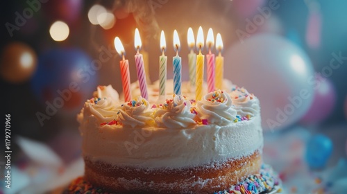 Festive Birthday Cake With Colorful Candles photo