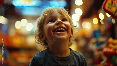 happy child in a toy store. gifts for children. portrait of a child