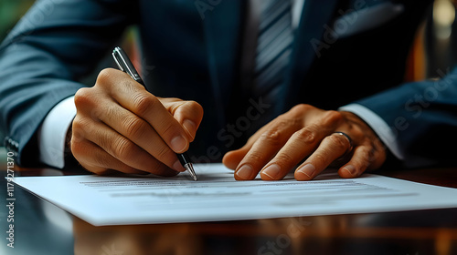 Businessman Signs a Contract Document with a Pen at a Table