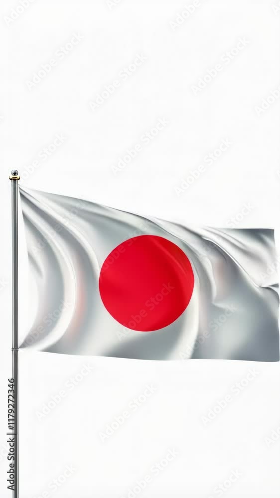 Japanese national flag waving on a flagpole over white background with copy space Japanese national flag waving on a flagpole over white background with copy space