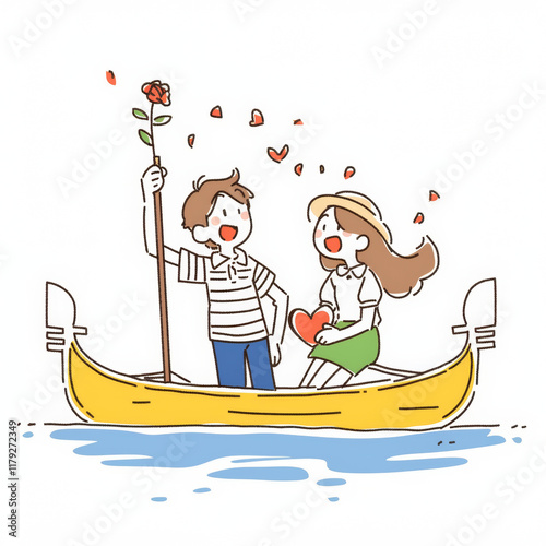 couple joyfully sitting on gondola in Venice, holding heart and rose