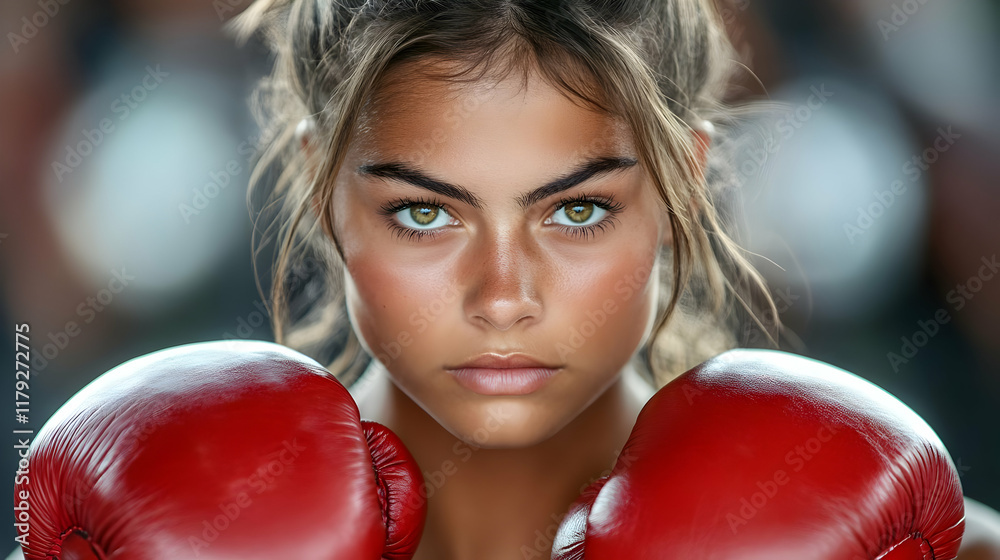 Determined Female Boxer Wears Red Boxing Gloves, Ready to Fight Confidently in the Ring Determined Female Boxer Wears Red Boxing Gloves, Ready to Fight Confidently in the Ring