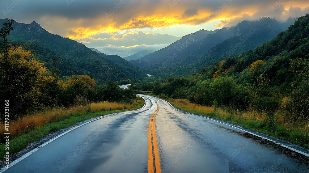 Fototapeta premium Wet Asphalt Road Winds Through Mountain Valley at Sunset after Rainfall