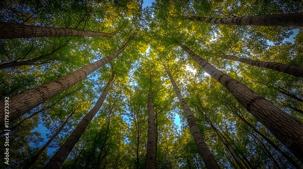 Naklejka premium Towering Trees Reach for the Sky, Sunlight Filters Through Lush Green Leaves, Creating a Canopy of Nature's Beauty