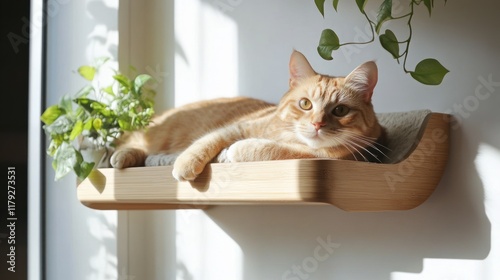 A relaxed orange cat lounging on a wooden shelf with plants in a sunlit room.