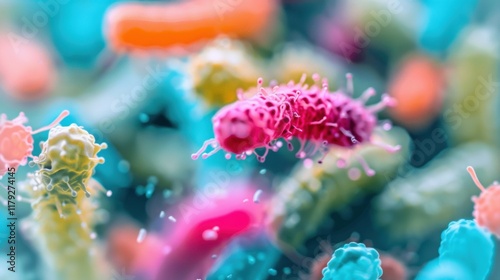 Brightly colored microbes are examined under a microscope, revealing intricate details and diverse forms in a vibrant display