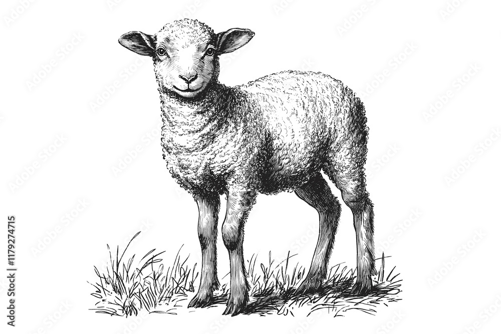 Naklejka premium Sheep, lamb. Vintage retro print, black white sheep lamb sketch ink pencil style drawing, engrave old school. Sketch artwork silhouette farm sheep lamb. Side view profile. Illustration