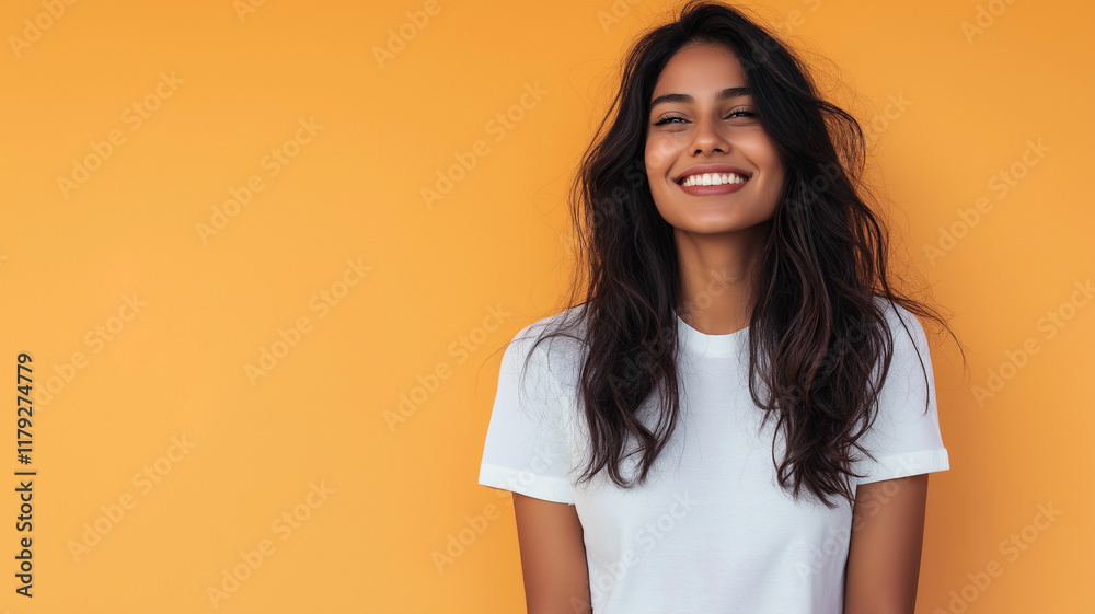 A woman with long hair is smiling and wearing a white shirt