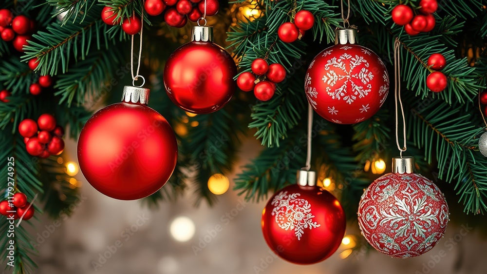 Naklejka premium Christmas Red Silver Balls Fir Garland Border - Holiday Decor AI Art